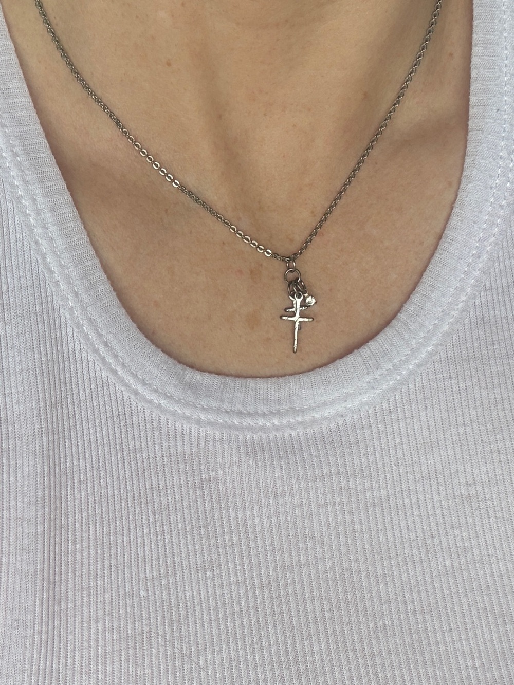 Vintage Silver Double Cross with Crystal Necklace pendant charms